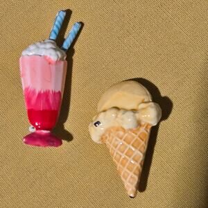 Vintage Ice Cream Cone & Milkshake Brooch Pin Set Novelty Food Jewelry